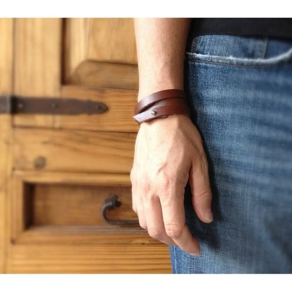 Brown Leather Triple Wrap Bracelet with Silvertone Stud Closure